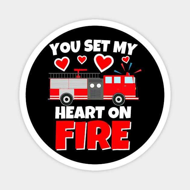 Boys Valentines Day Firetruck You Set My Heart On Fire Magnet by jadolomadolo